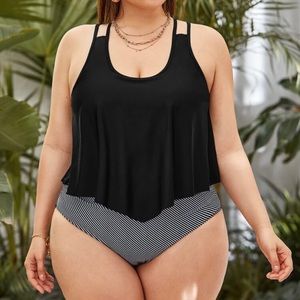 BNWOT. 2 piece swimsuit. Black top w/black & white striped bottoms. Sz 3XL